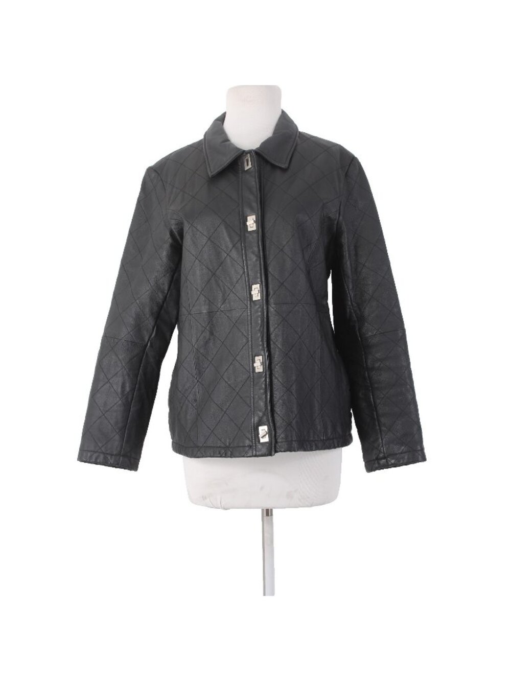 Dialogue Jacket Sz S Black Silver Collared Pockets  100% Leather Polyester Lined